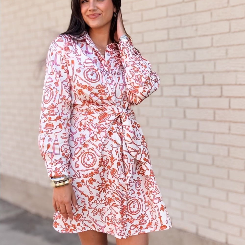 FRNCH Orange and White Long Sleeve Dress